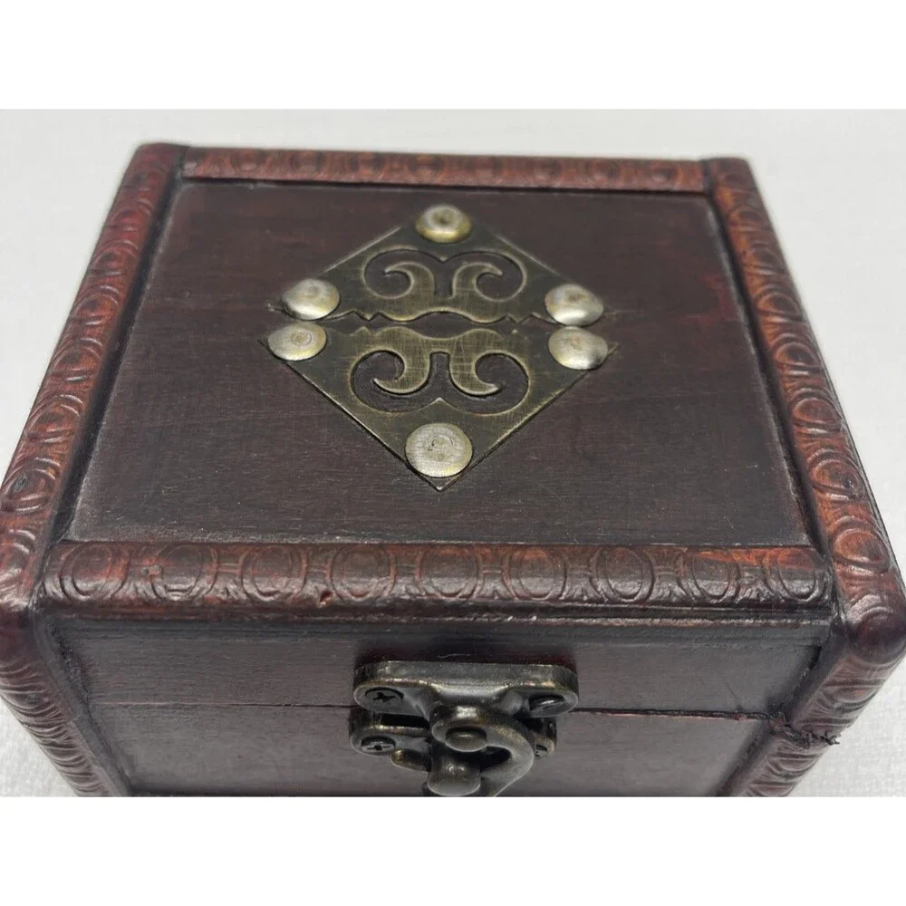 Handmade Chinese Wooden Jewelry Box Ornate Metal Fittings 4.5